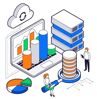 Big data analysis isometric composition with young scientists using web technologies and cloud exchange of digital information for science work vector illustration