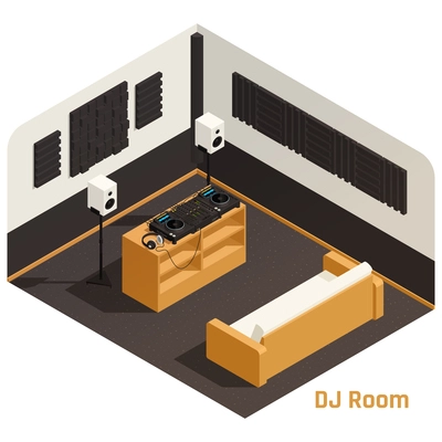 DJ studio music room interior isometric composition with turntables vinyl records storage cabinet speakers sofa vector illustration