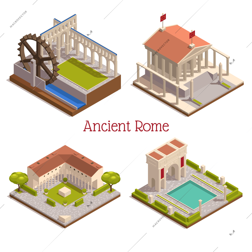 Ancient rome landmarks 4 isometric composition  with forum pantheon triumphal arch wooden watermill wheel aqueduct vector illustration