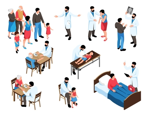 Isometric family doctor set of isolated icons and human characters of medical specialist consulting examining patients vector illustration