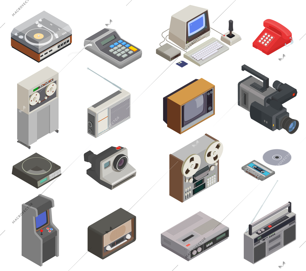 Retro devices isometric set of isolated icons with old tape players telephones tv and cassette images vector illustration