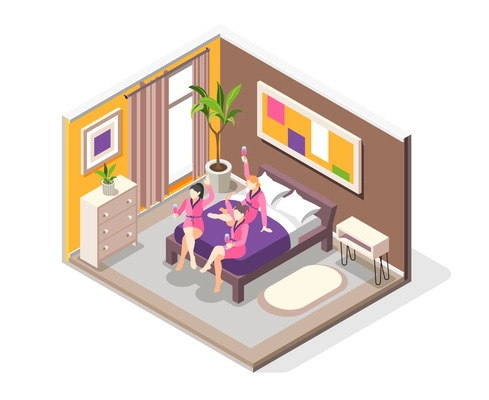 Pajama party isometric composition with view of bedroom interior with female friends having fun on bed vector illustration