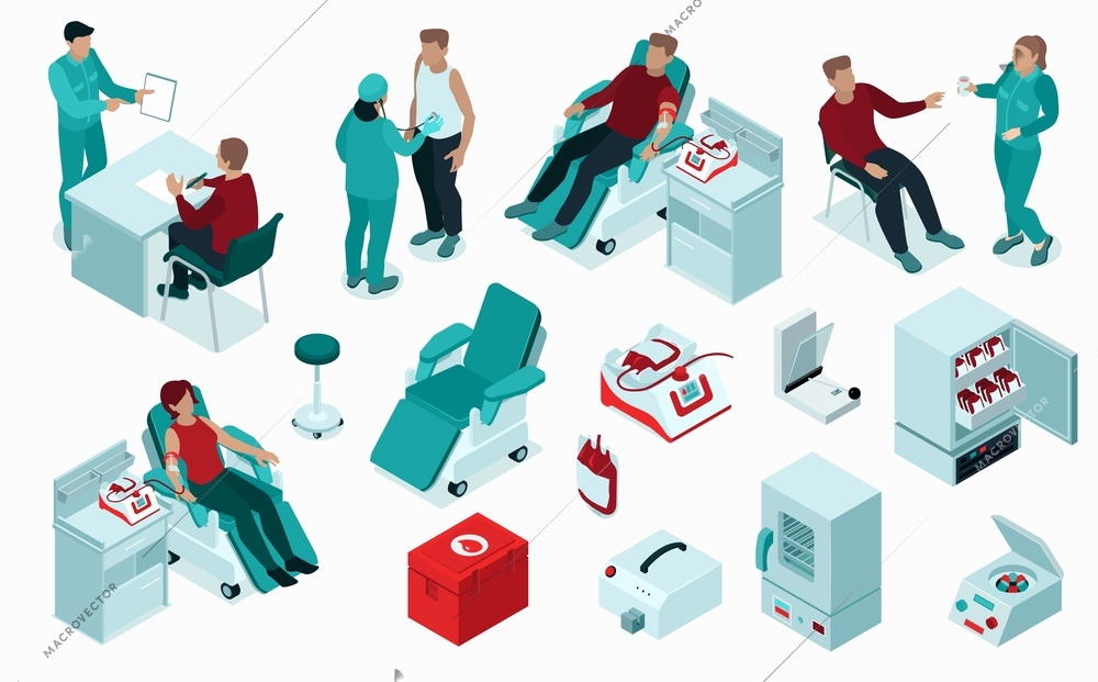 Blood donation procedure isometric set with registration screening donors kit collection monitor recovery storage refrigerators vector illustration