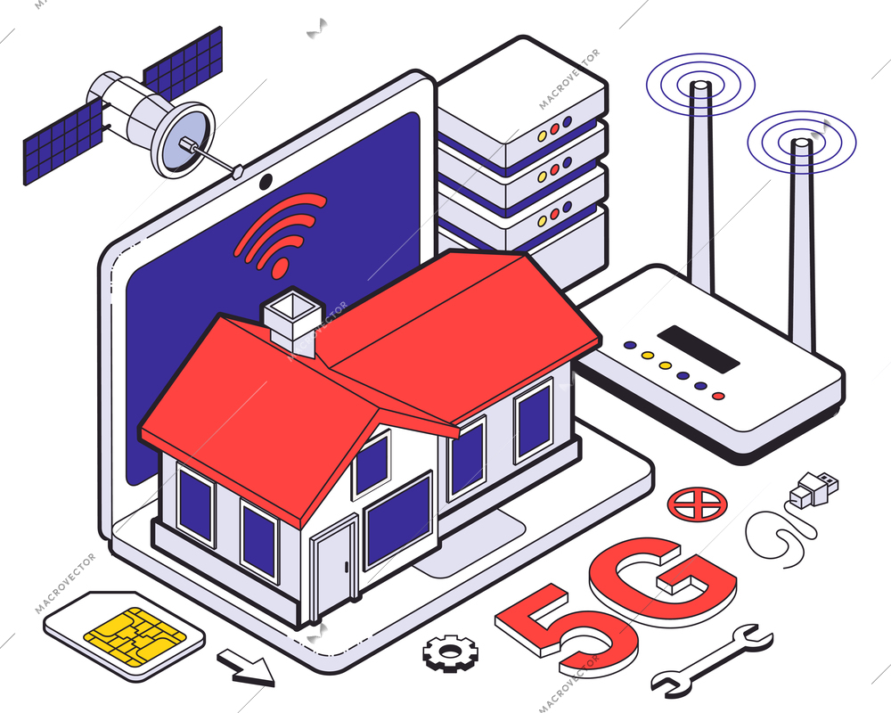 Web hosting isometric five g composition with wireless at home network and cloud services for work vector illustration
