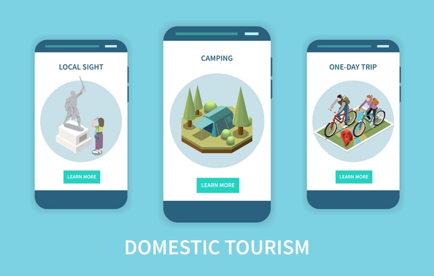 Domestic tourism vertical isometric banners set with local sight campsite and people taking bike trip 3d isolated vector illustration