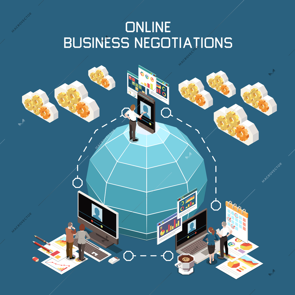 Isometric concept of online business negotiation and video conference with people computer laptop smartphone 3d vector illustration