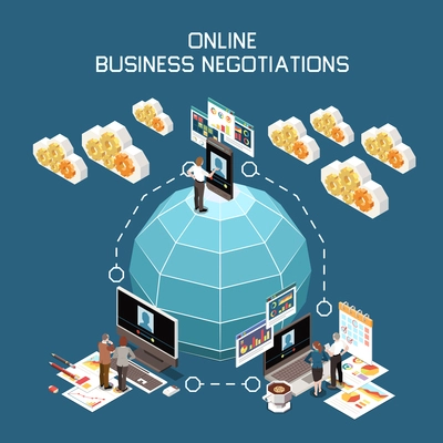 Isometric concept of online business negotiation and video conference with people computer laptop smartphone 3d vector illustration