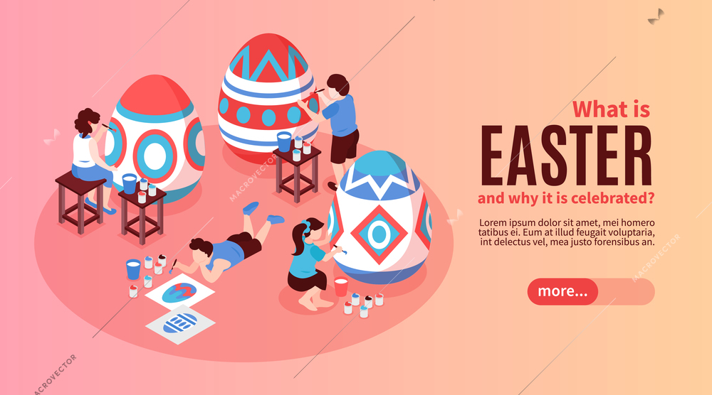 Easter horizontal banner  with information about history origin of this religion holiday isometric vector illustration