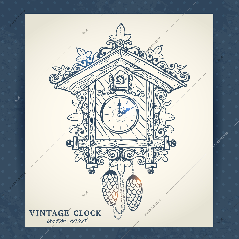 Old vintage retro sketch cuckoo clock paper postcard vector illustration