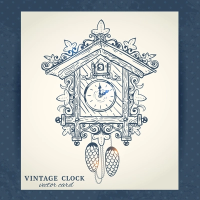 Old vintage retro sketch cuckoo clock paper postcard vector illustration