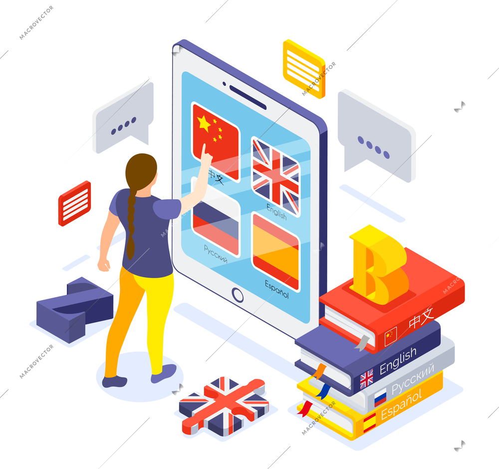 Online language courses isometric composition with with woman choosing chinese app on tablet screen vector illustration