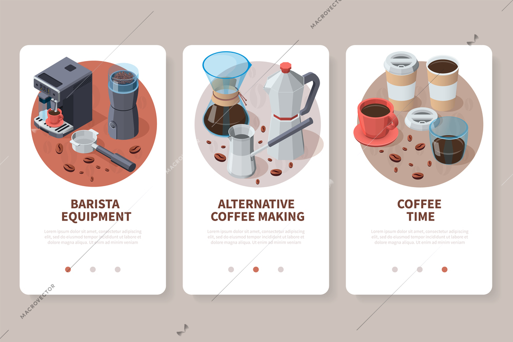 Professional barista coffee equipment isometric set of vertical banners with page switch buttons and editable text vector illustration