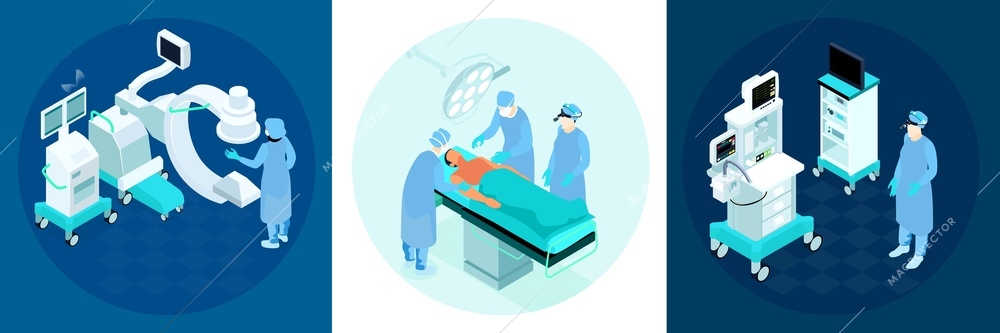 Operation room concept 3 isometric compositions with modern medical surgical equipment patient surgeon during procedure vector illustration