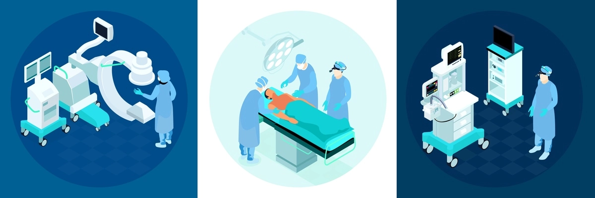 Operation room concept 3 isometric compositions with modern medical surgical equipment patient surgeon during procedure vector illustration