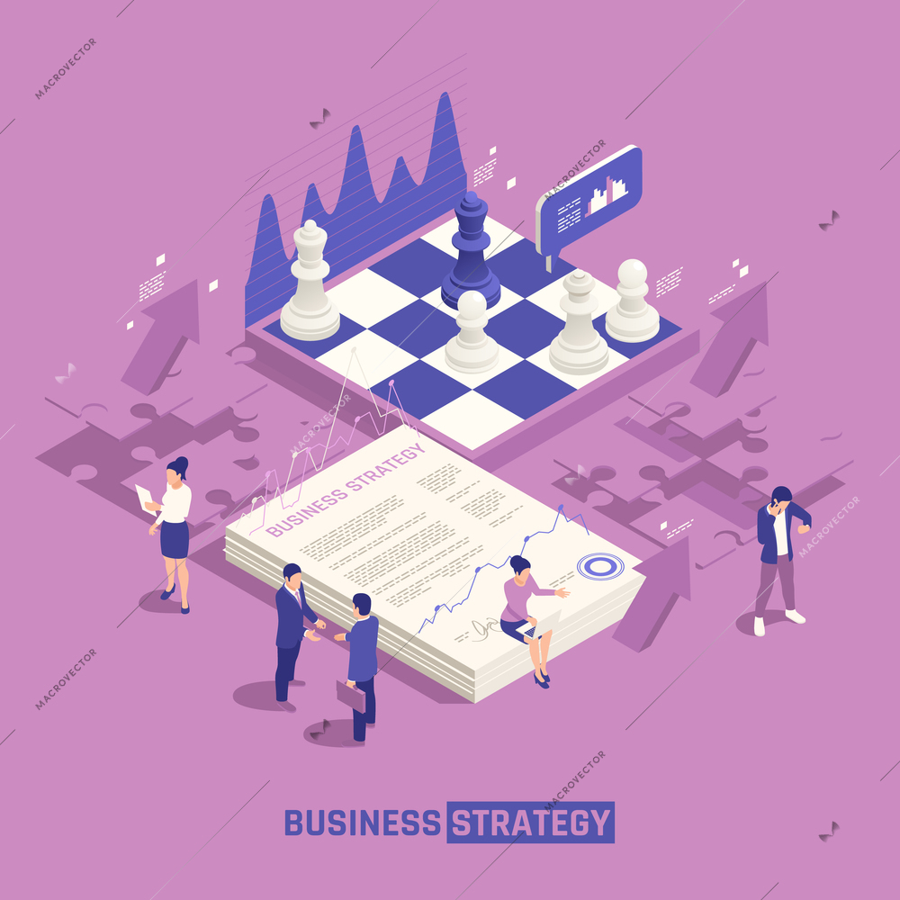 Business strategy isometric background with chessboard with pieces puzzle elements and people discussed creative ideas vector illustration