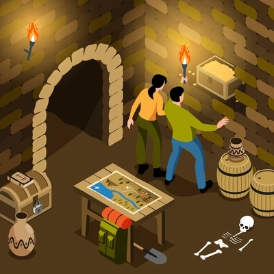 Isometric treasure hunt composition with view of underground tomb with pair of hunters holding treasure chest vector illustration