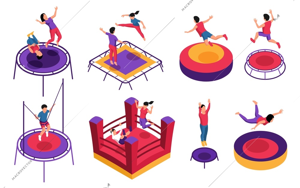 Isometric trampoline jumping set of isolated icons with bouncy houses of various shape with jumping kids vector illustration