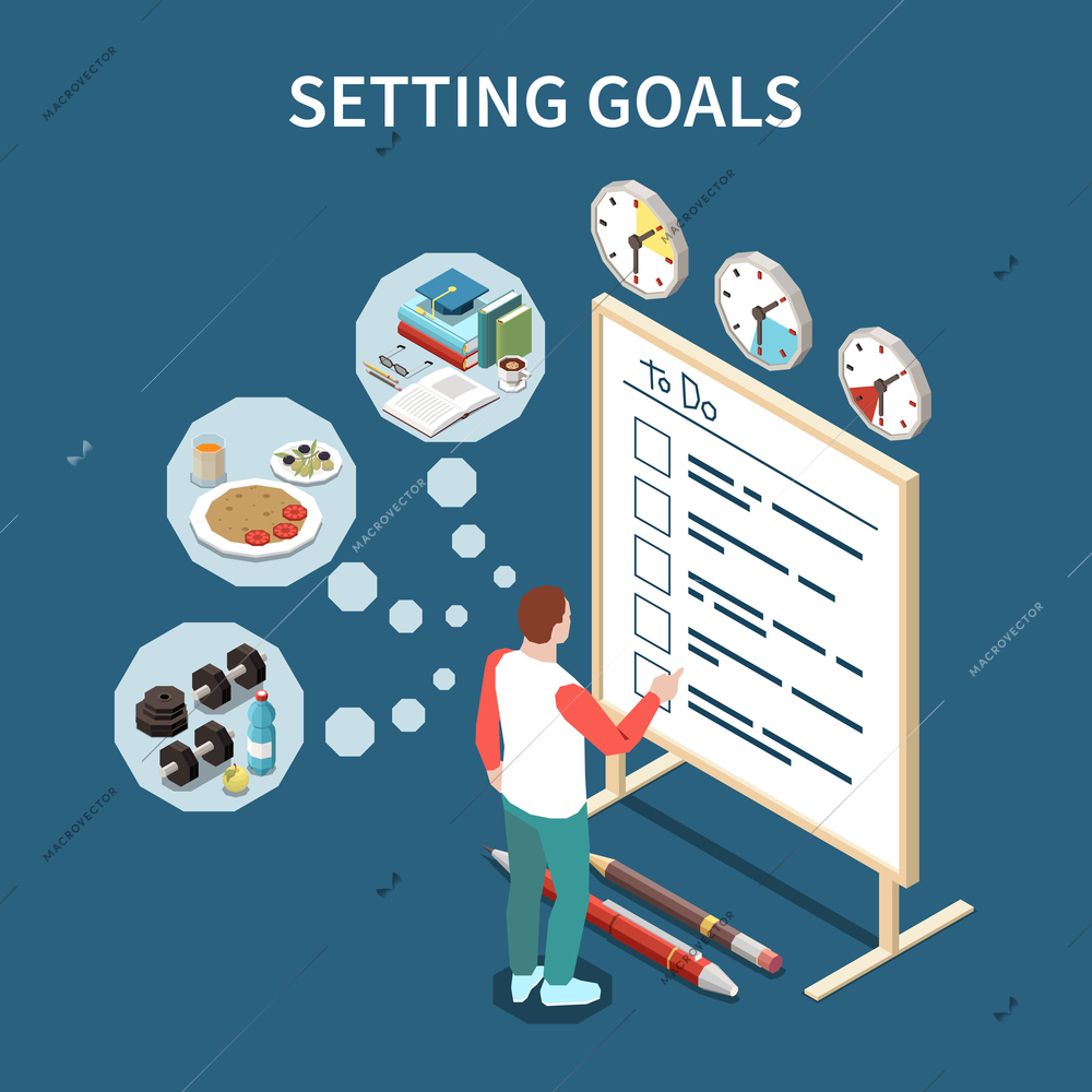 Personal growth self development isometric composition with man and list of goals represented by round icons vector illustration