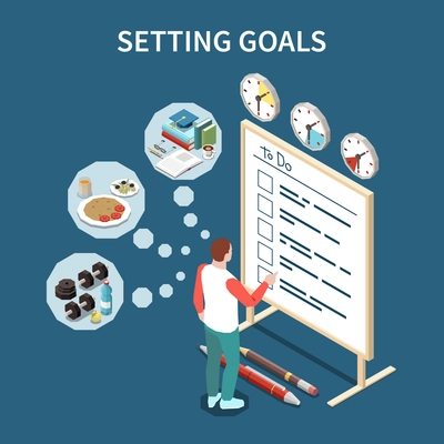 Personal growth self development isometric composition with man and list of goals represented by round icons vector illustration