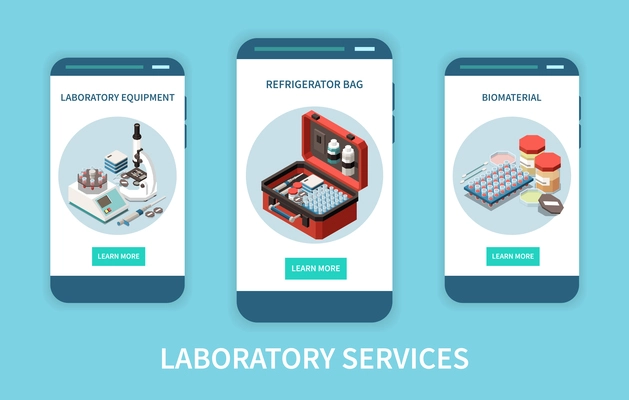 Laboratory diagnostics analysis service isometric set of vertical banners with test equipment images and clickable buttons vector illustration