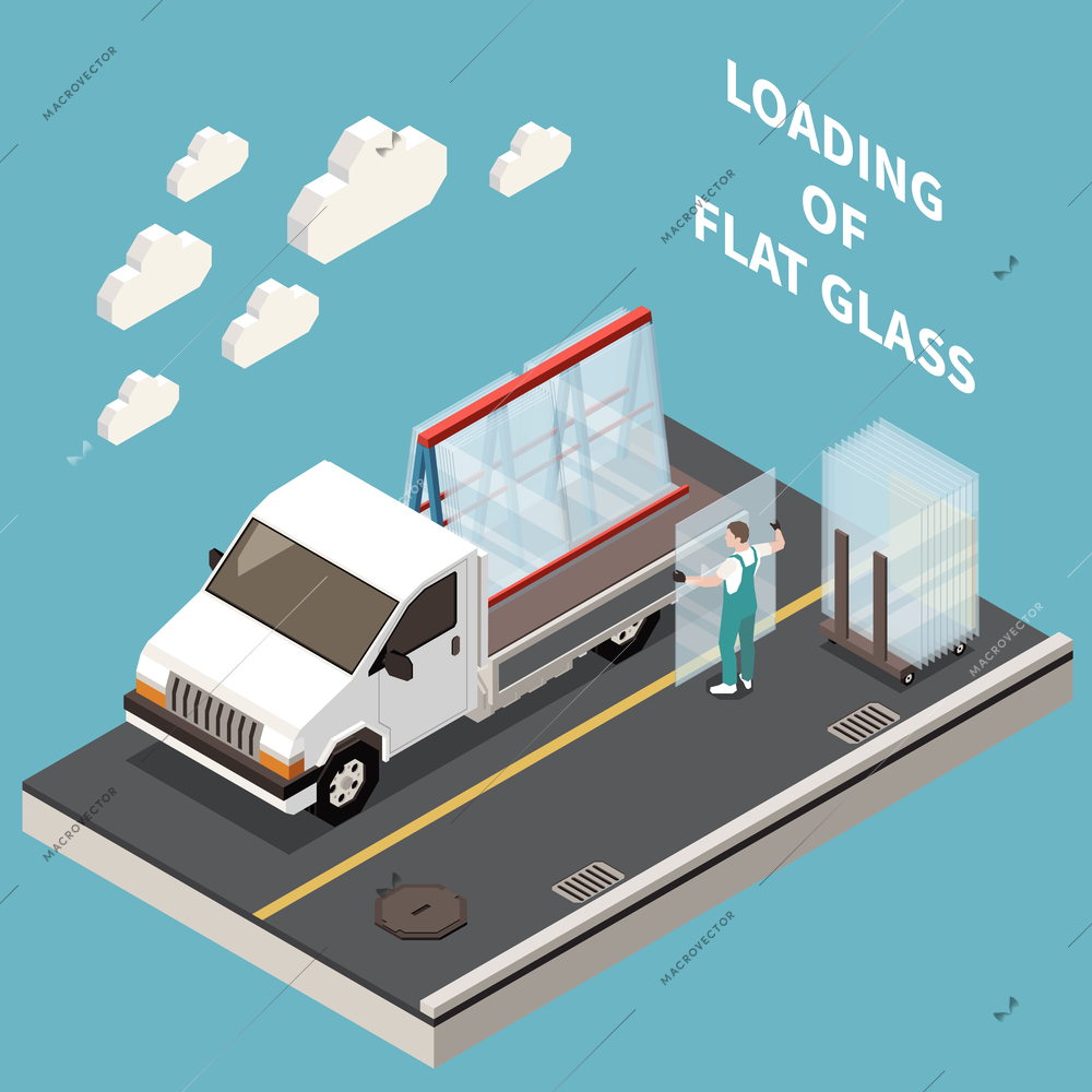 Glass production isometric composition with editable text and worker in uniform loading window glass onto truck vector illustration