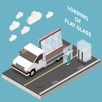 Glass production isometric composition with editable text and worker in uniform loading window glass onto truck vector illustration