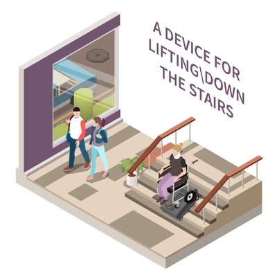 Technology for disabled people isometric composition with person on wheelchair and device for lifting down stairs vector illustration