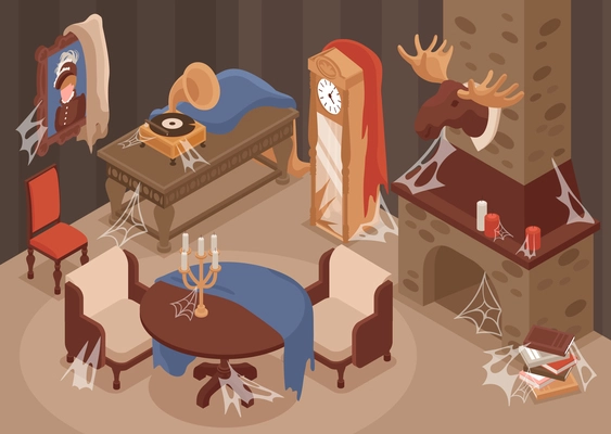 Old room interior with old furniture fireplace and decorations isometric vector illustration