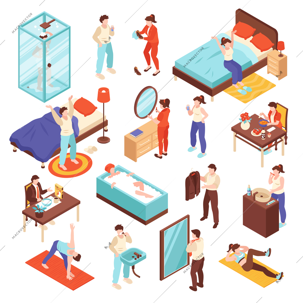 Morning routine isometric set with bath makeup and sports symbols isolated vector illustration