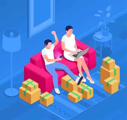 Online sale outlet isometric composition with two persons sitting on sofa with gadgets and carton boxes vector illustration