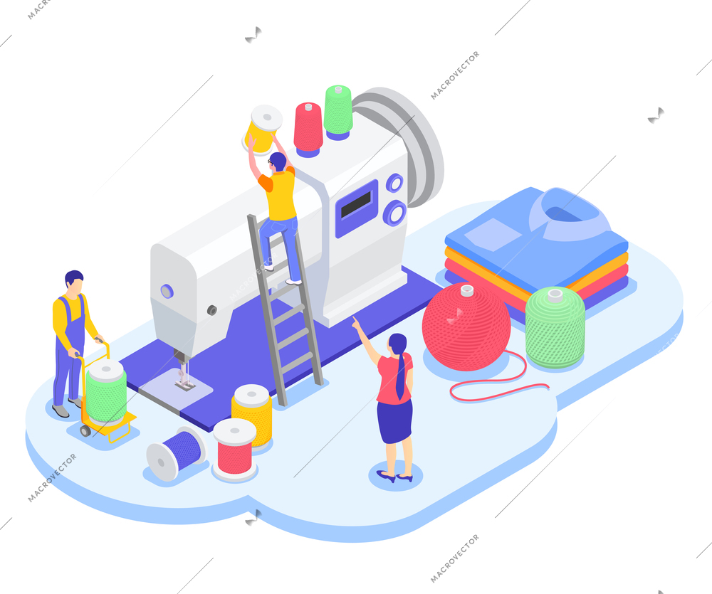 Textile mill spinning industry isometric composition with small characters of workers on top of sewing machine vector illustration