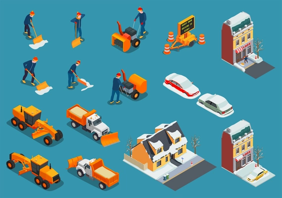 Snow cleaning removal machinery isometric set with isolated house icons cars trucks and bulldozers with workers vector illustration