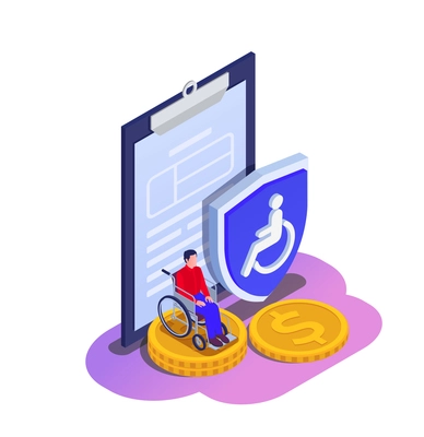 Social security unemployment family benefits isometric composition with disabled person on wheelchair paper contract and shield vector illustration