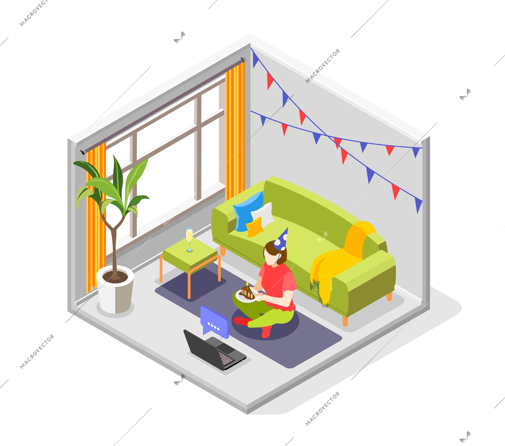 Remote quarantine party isometric concept with celebration symbols vector illustration