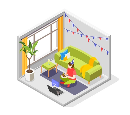 Remote quarantine party isometric concept with celebration symbols vector illustration