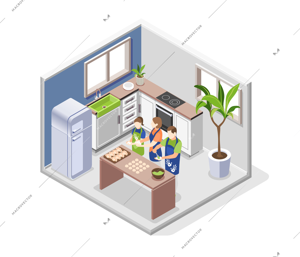 Family cooking concept with homemade meal symbols isometric vector illustration