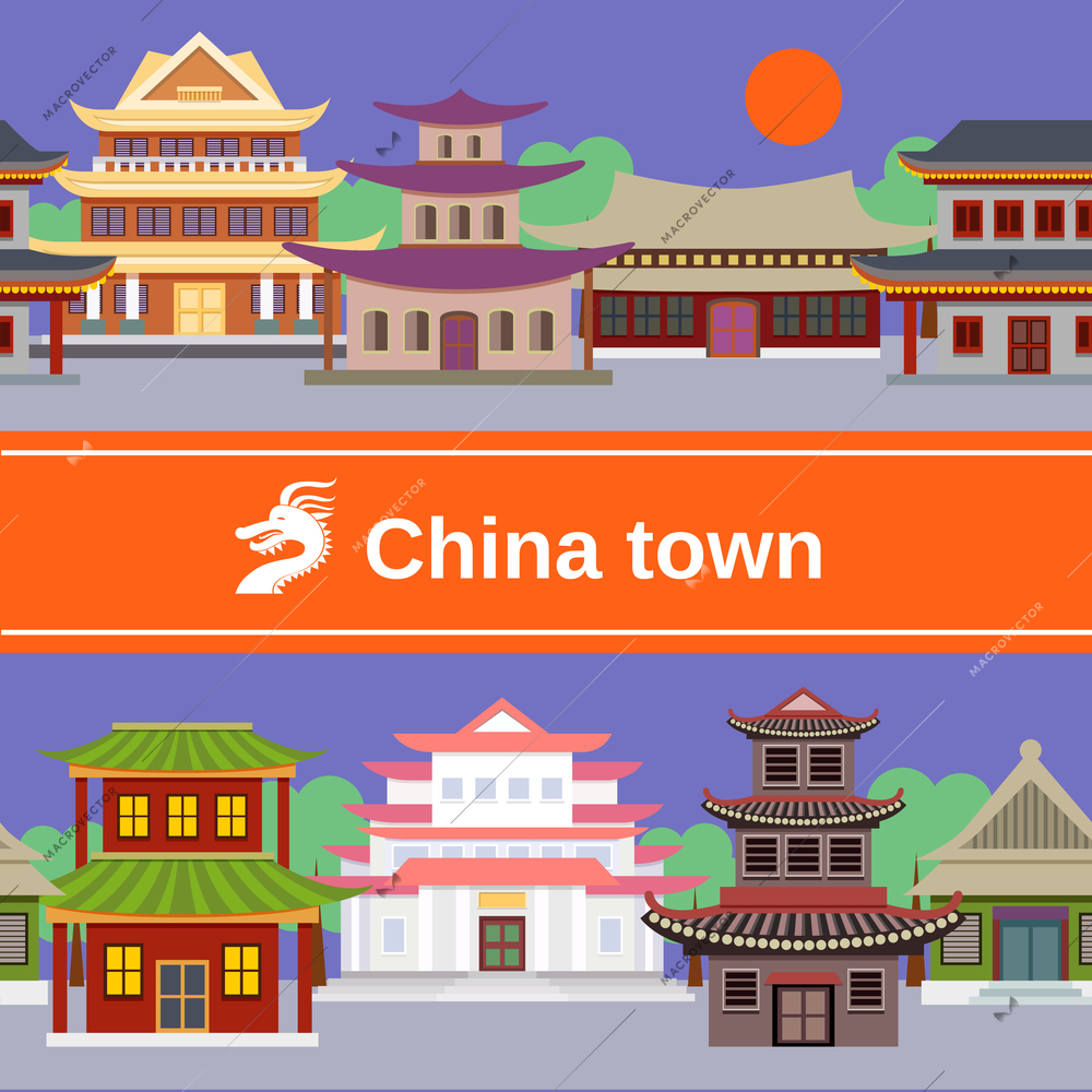 China town with traditional buildings tileable border vector illustration