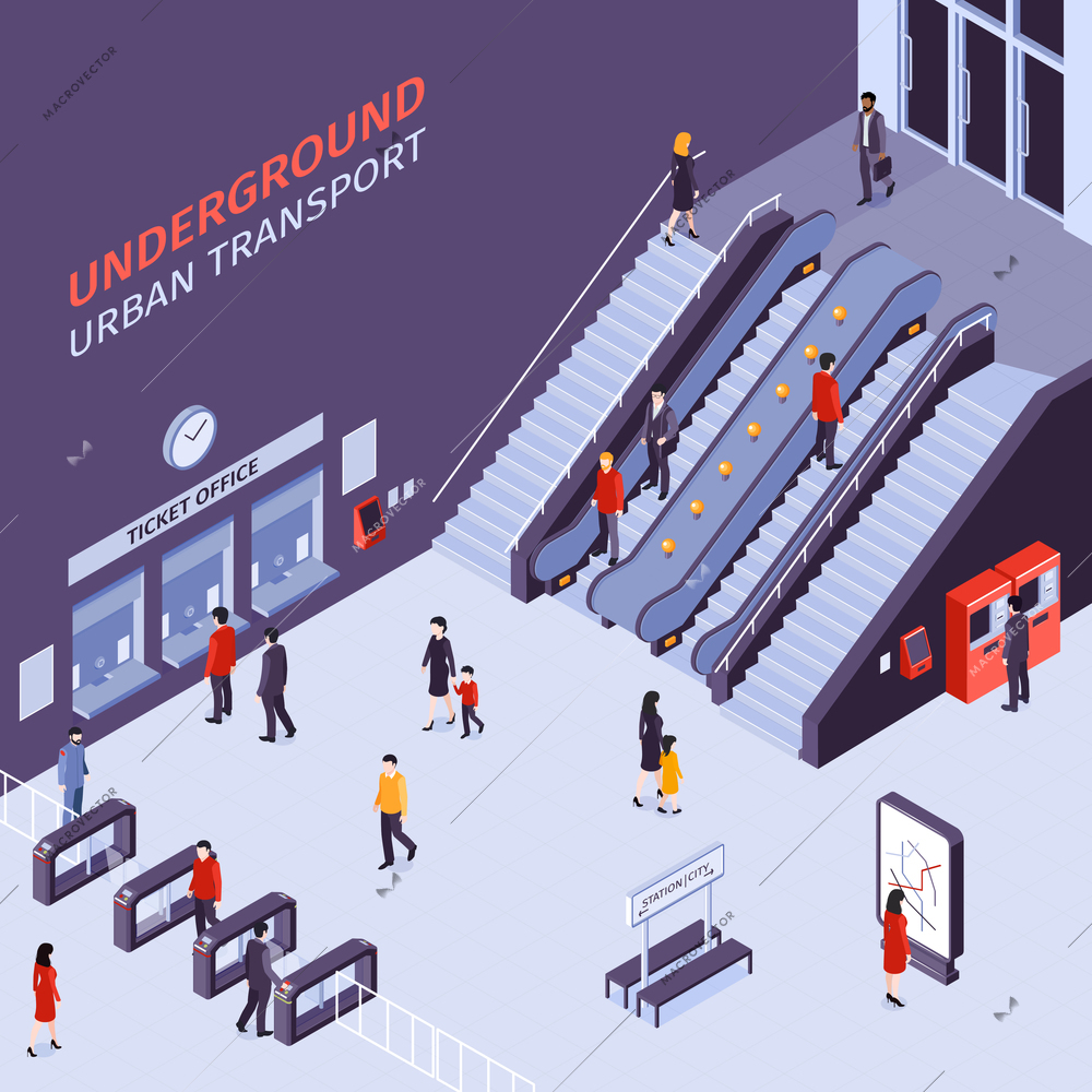 Underground urban transportation subway metro station entrance exit isometric view with escalators turnstile gates passengers vector illustration