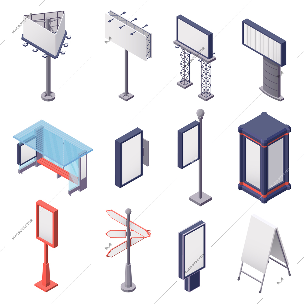 Isometric set of various blank metal constructions for outdoor advertising isolated on white background 3d vector illustration