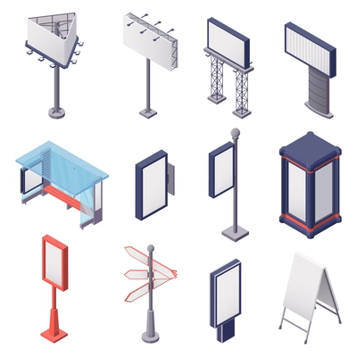 Isometric set of various blank metal constructions for outdoor advertising isolated on white background 3d vector illustration