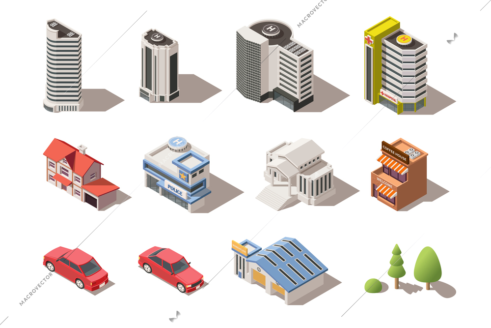 Isometric set of modern city elements with buildings vehicles trees isolated on white background 3d vector illustration