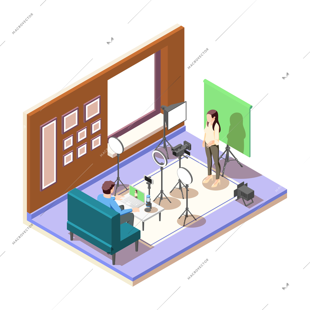 Vlogging isometric composition with vloggers filming video using chromakey ring lamps soft box camera smartphone 3d vector illustration