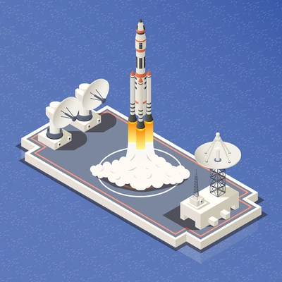 Isometric composition with rocket launching into outer space 3d vector illustration