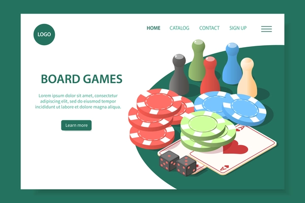 Board games web site landing page with 3d cards chips figures and cubes isometric vector illustration