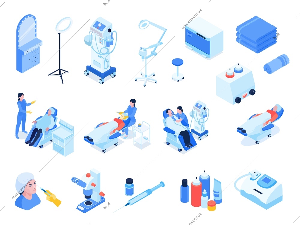 Isometric cosmetology set with professional equipment and cosmetological procedures isolated icons 3d vector illustration