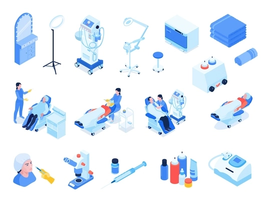 Isometric cosmetology set with professional equipment and cosmetological procedures isolated icons 3d vector illustration