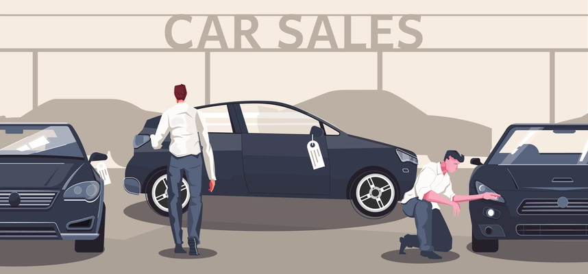 Used car market flat composition of editable text automobile silhouettes and different models with buyer characters vector illustration