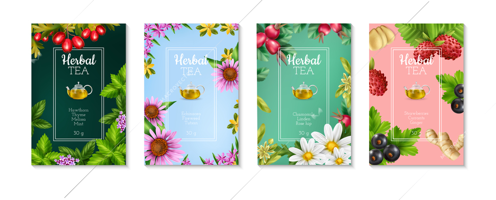 Set of four colorful realistic posters with herbal tea types ingredients and weight isolated vector illustration