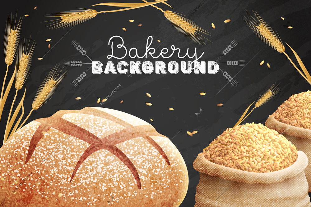 Realistic bread chalkboard frame composition of editable ornate text with images of grain sacks and wheat vector illustration