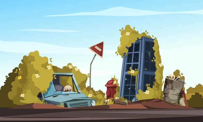 Post apocalypse cartoon composition with broken car near bent sign road closed and destroyed phone booth vector illustration